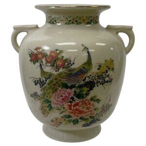 Vintage Japanese Ceramic Vase Peacock Bird Crackle Finish 8" x 8"  A10130